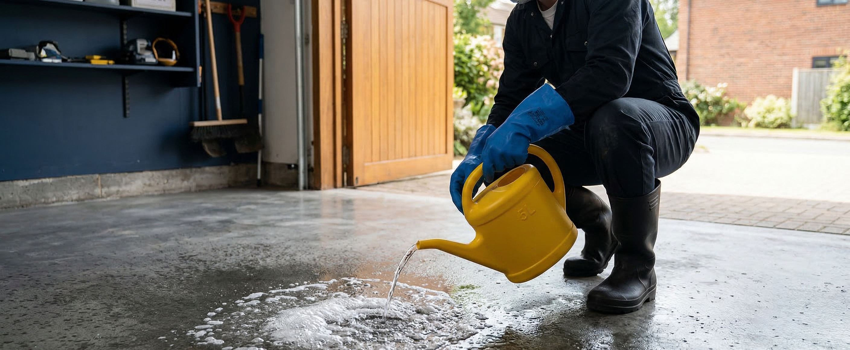 Applying an acid etching solution to a concrete garage floor using proper safety equipment.