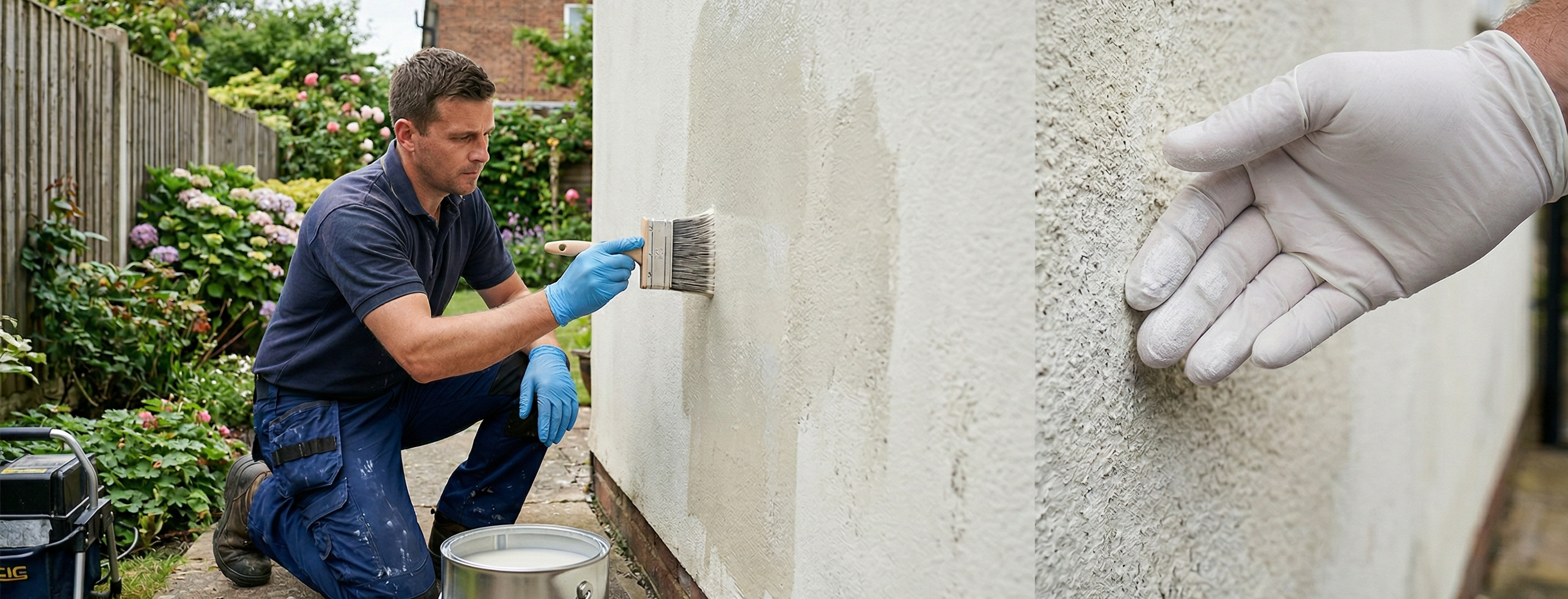 Applying a clear stabilising primer to a chalky rendered exterior wall on a UK house.