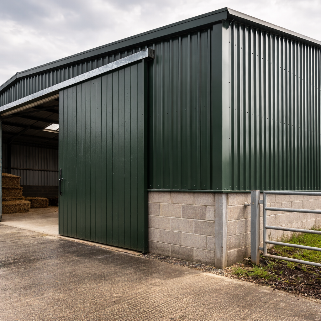 Green metal building with a concrete base on a cloudy day