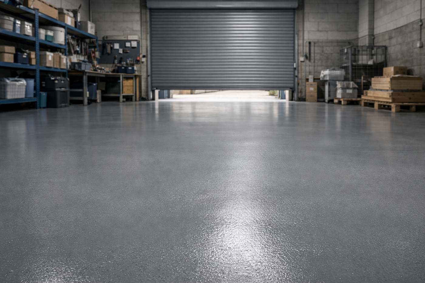Empty warehouse with a large roller shutter door