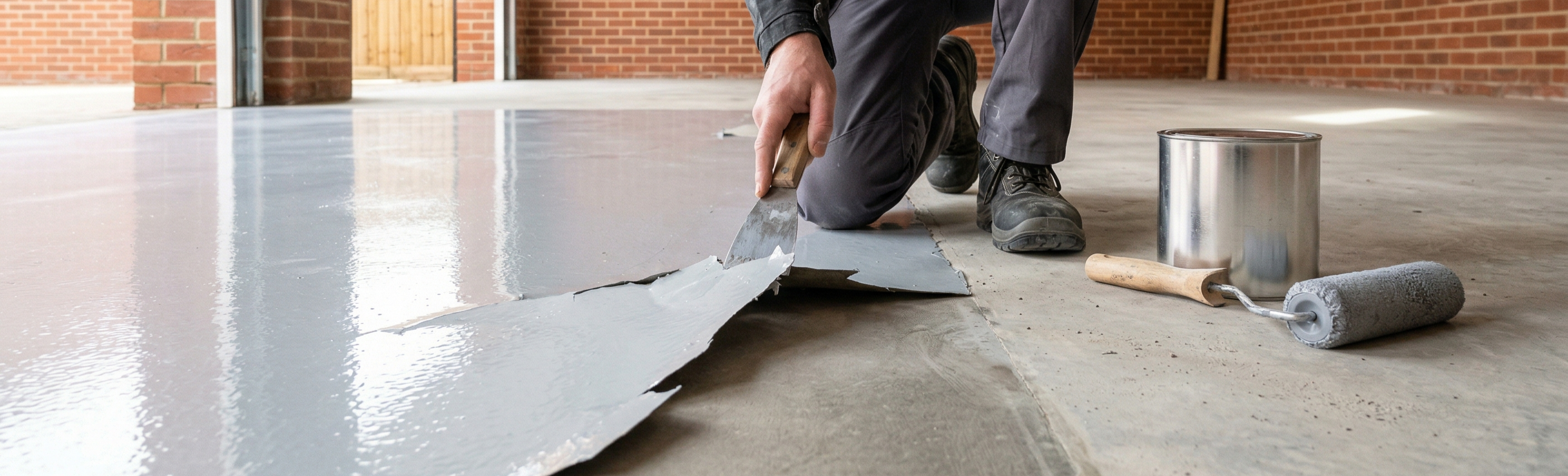 Paint peeling in large sheets from a smooth power-floated concrete floor in a UK garage.