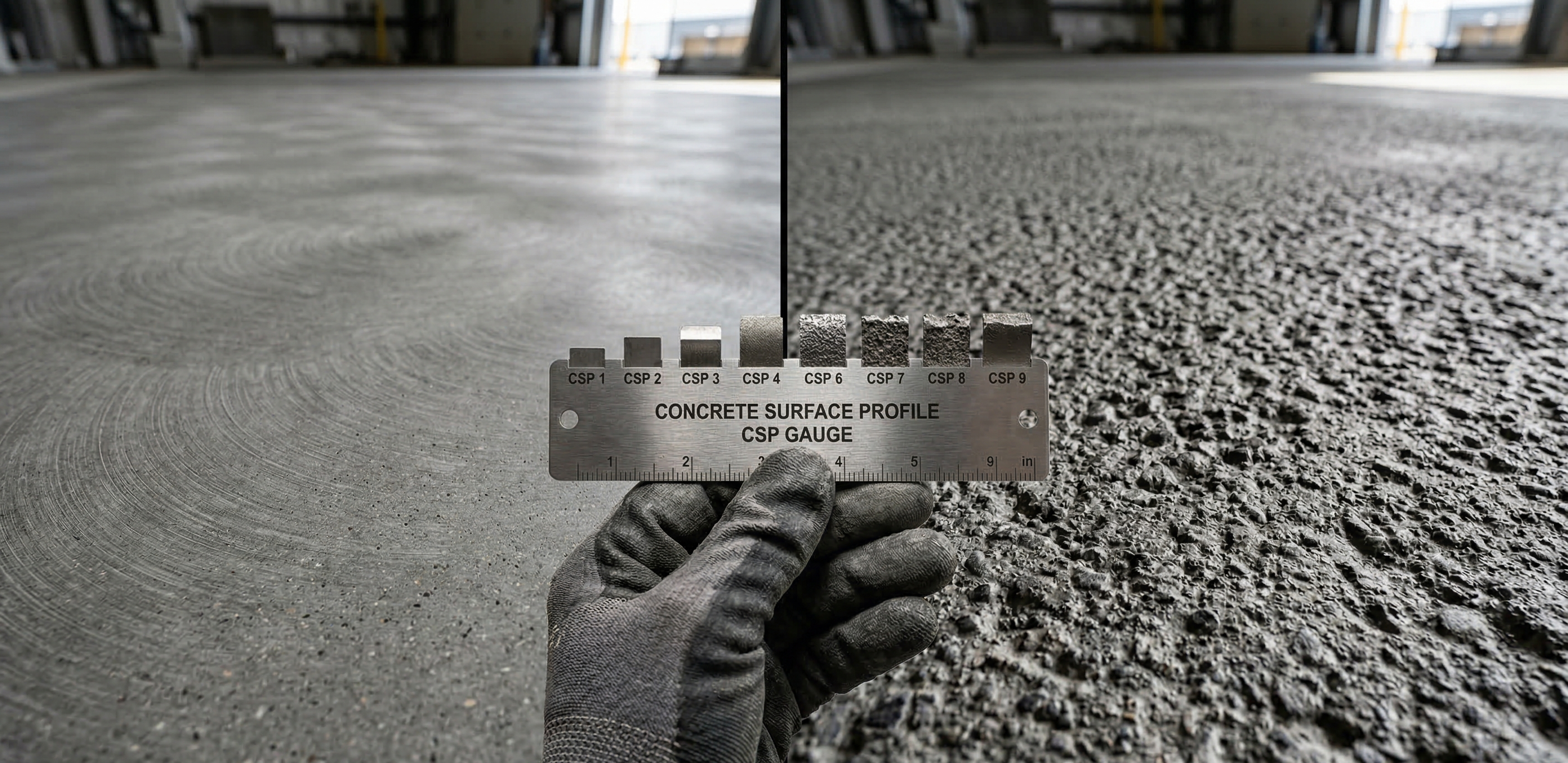 Side-by-side comparison of diamond ground concrete versus shot blasted concrete textures for floor coating prep