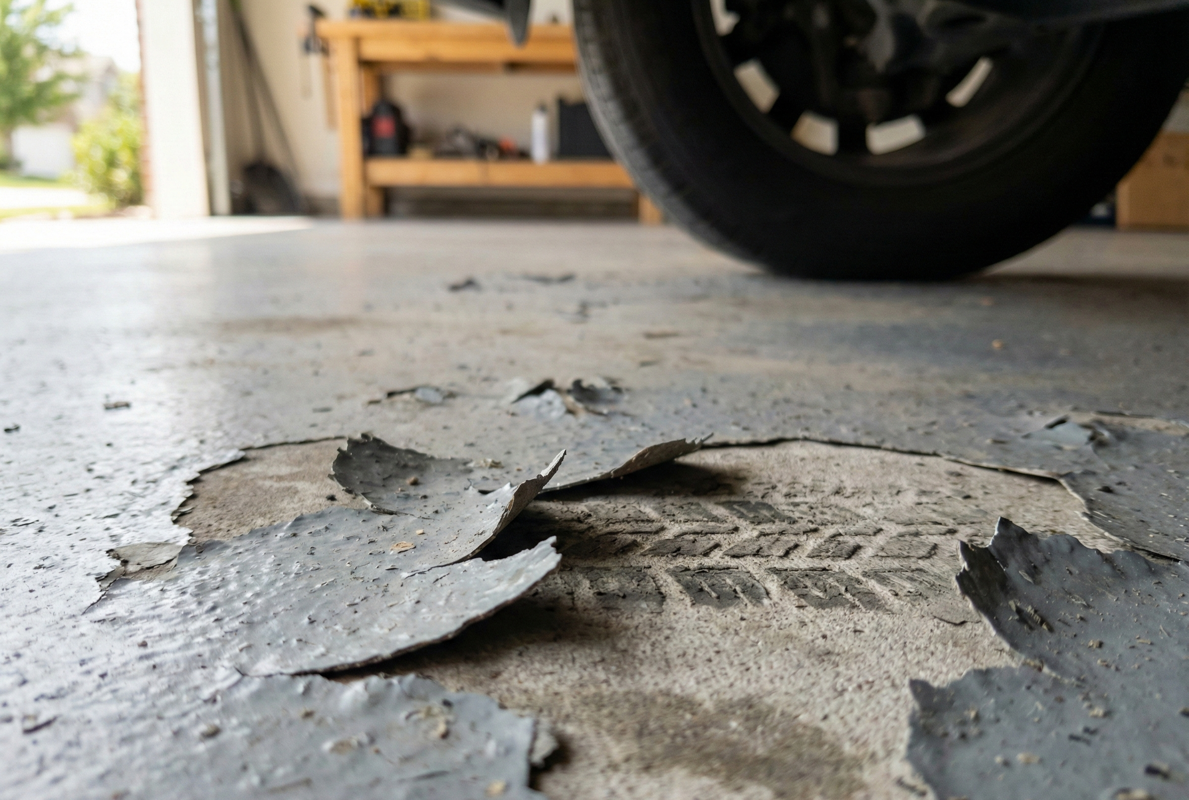 Residential garage floor showing peeling paint and coating damage from hot tire pickup on concrete surface