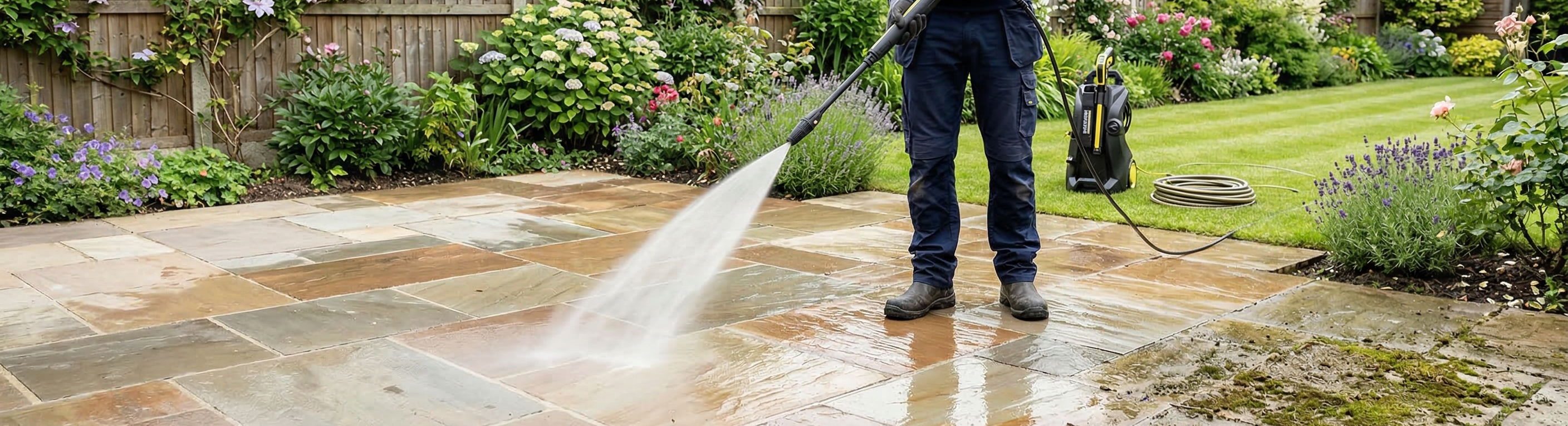 Professional pressure washing technique on a UK Indian Sandstone patio to avoid surface damage.