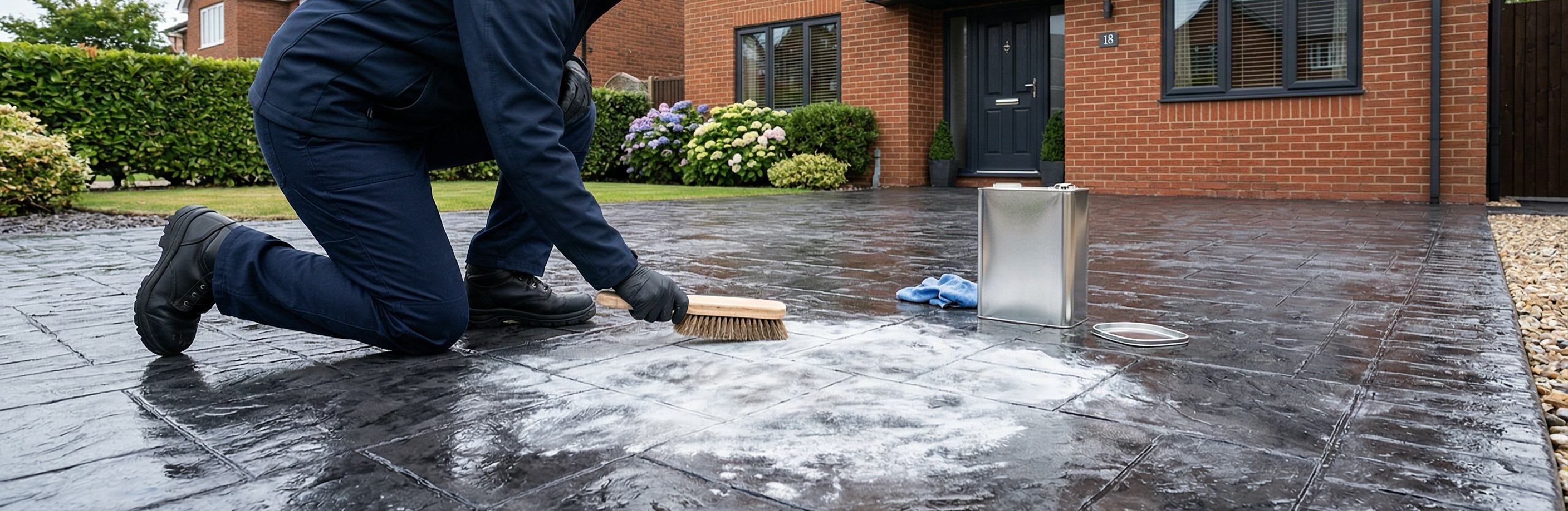 Identifying white sealer bloom and cloudy patches caused by trapped moisture on a UK driveway.