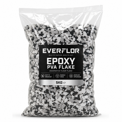 A 5kg clear plastic bag of Everflor Epoxy PVA Flake decorative floor flake, showing the black, white, and gray flakes inside, with a black and silver label on a white background.