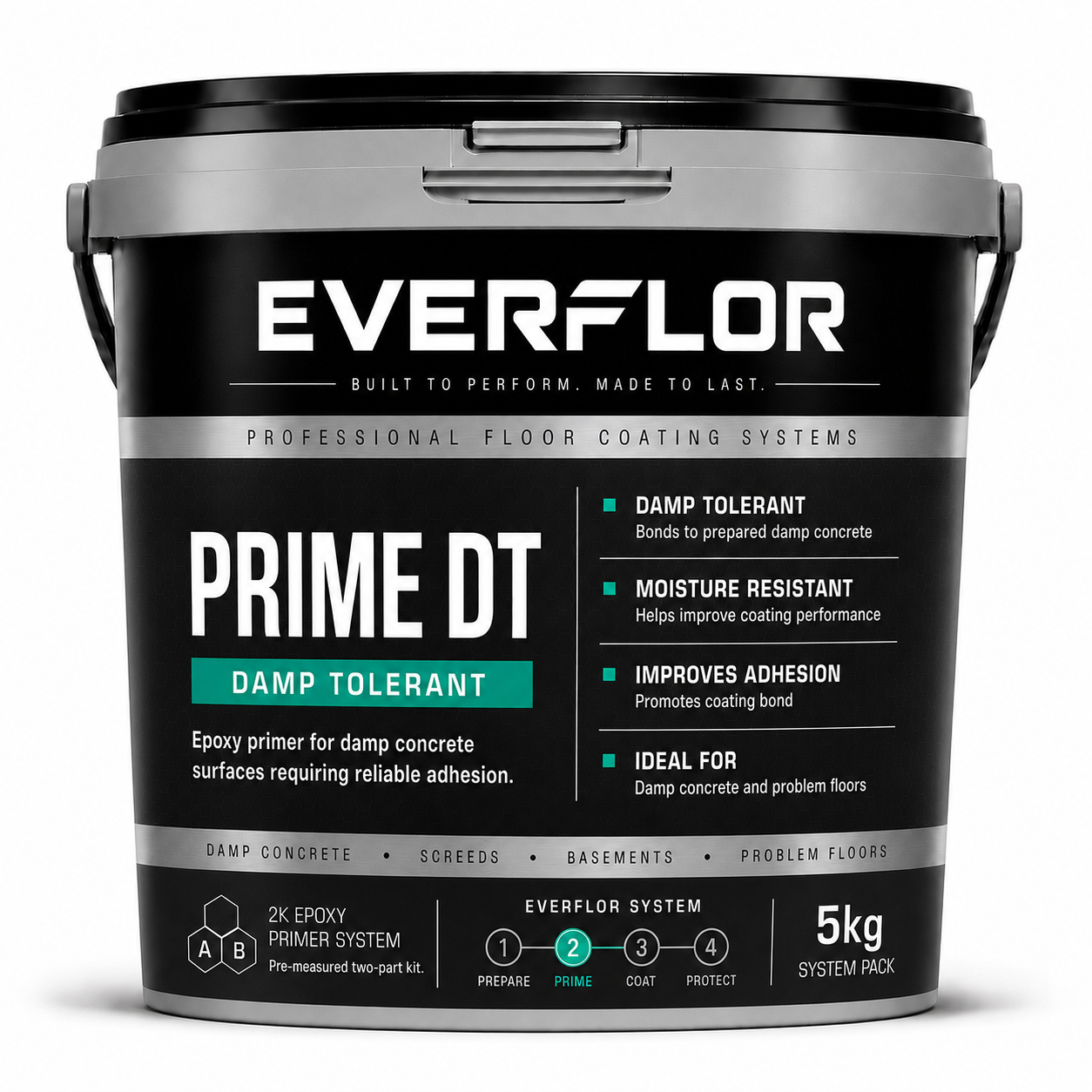 A 5kg bucket of Everflor Prime DT damp tolerant epoxy primer, featuring a black and silver container with a detailed product label on a white background.