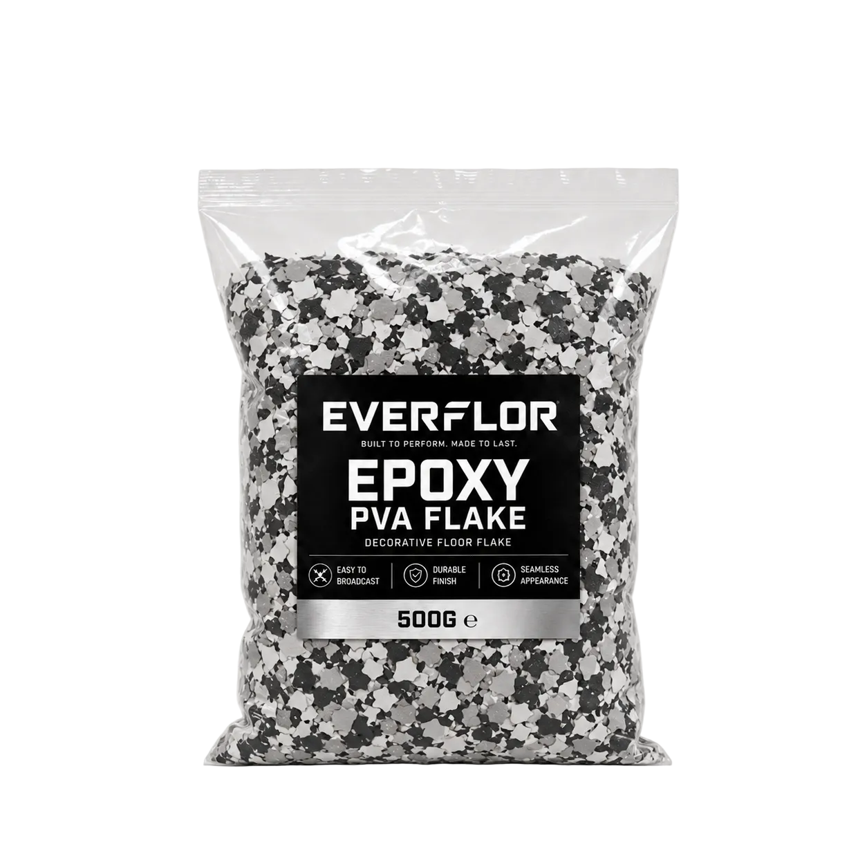A 500g bag of Everflor Epoxy PVA Flake decorative floor flakes in a black and white camouflage pattern, shown on a light gray background.