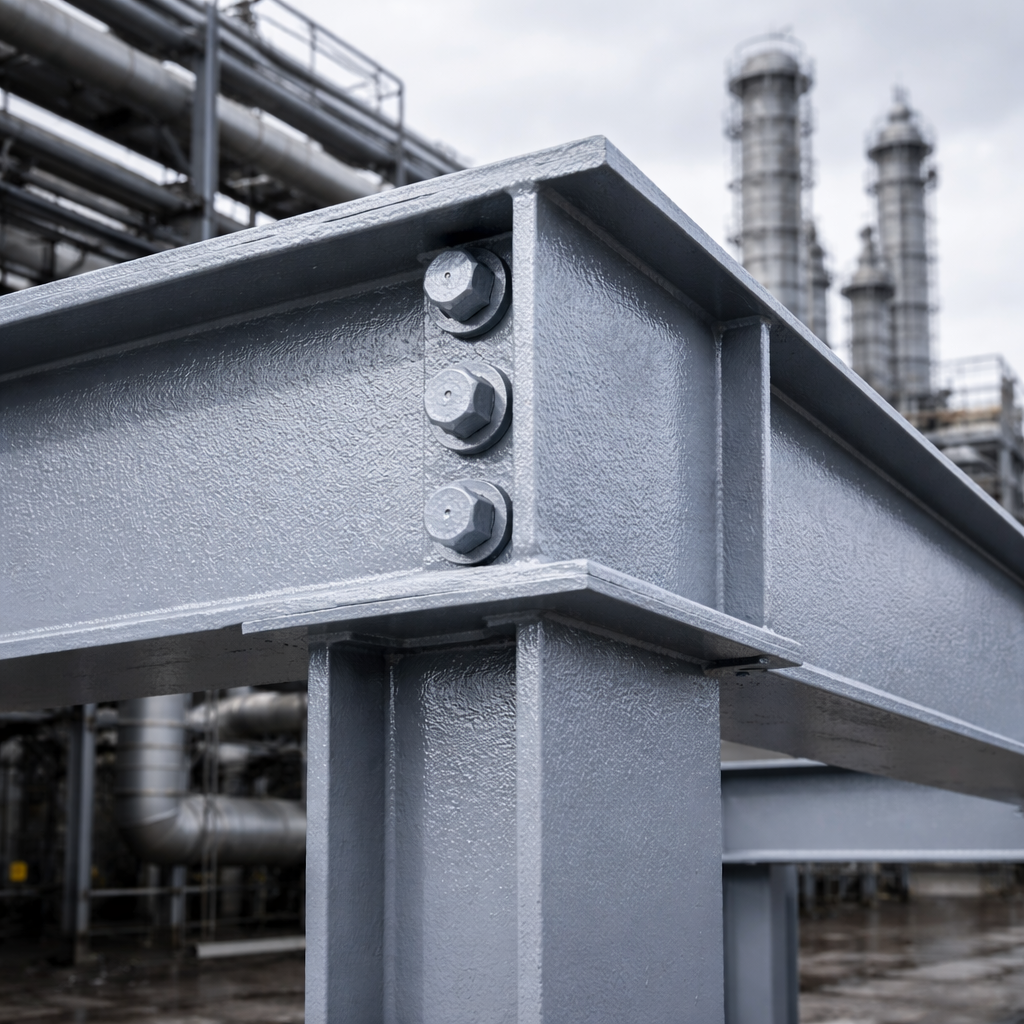 Metal structural beam with bolts in an industrial setting