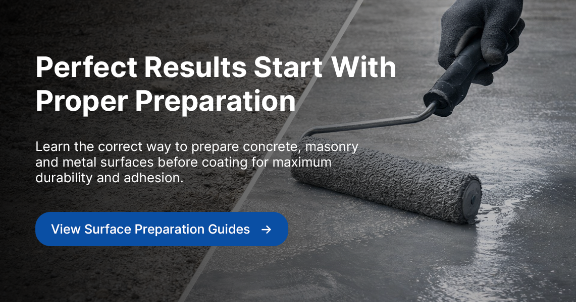 Person using a roller to apply a coating on concrete with text about surface preparation.