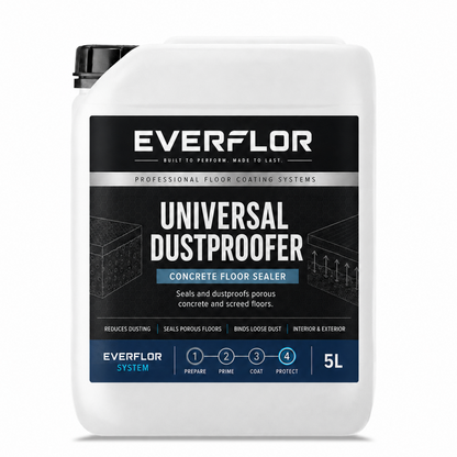A 5L white plastic container of Everflor Universal Dustproofer concrete floor sealer with a black cap and a black label featuring white and blue text.